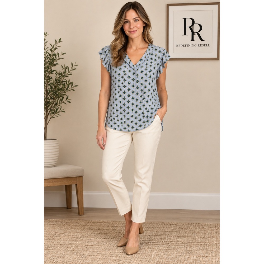 LOFT Womens Blue Geometric Medallion Ruffle Cap Sleeve Tie V-Neck Blouse Size M
